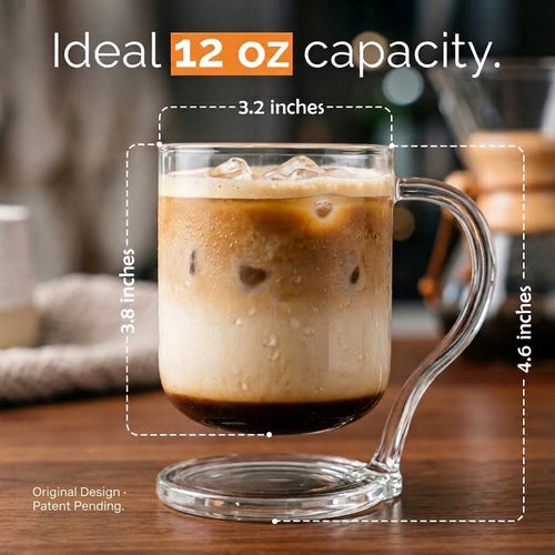 VIBLIVA - Floating Glass Coffee Mug, Built-in Coaster, Borosilicate, 12 oz