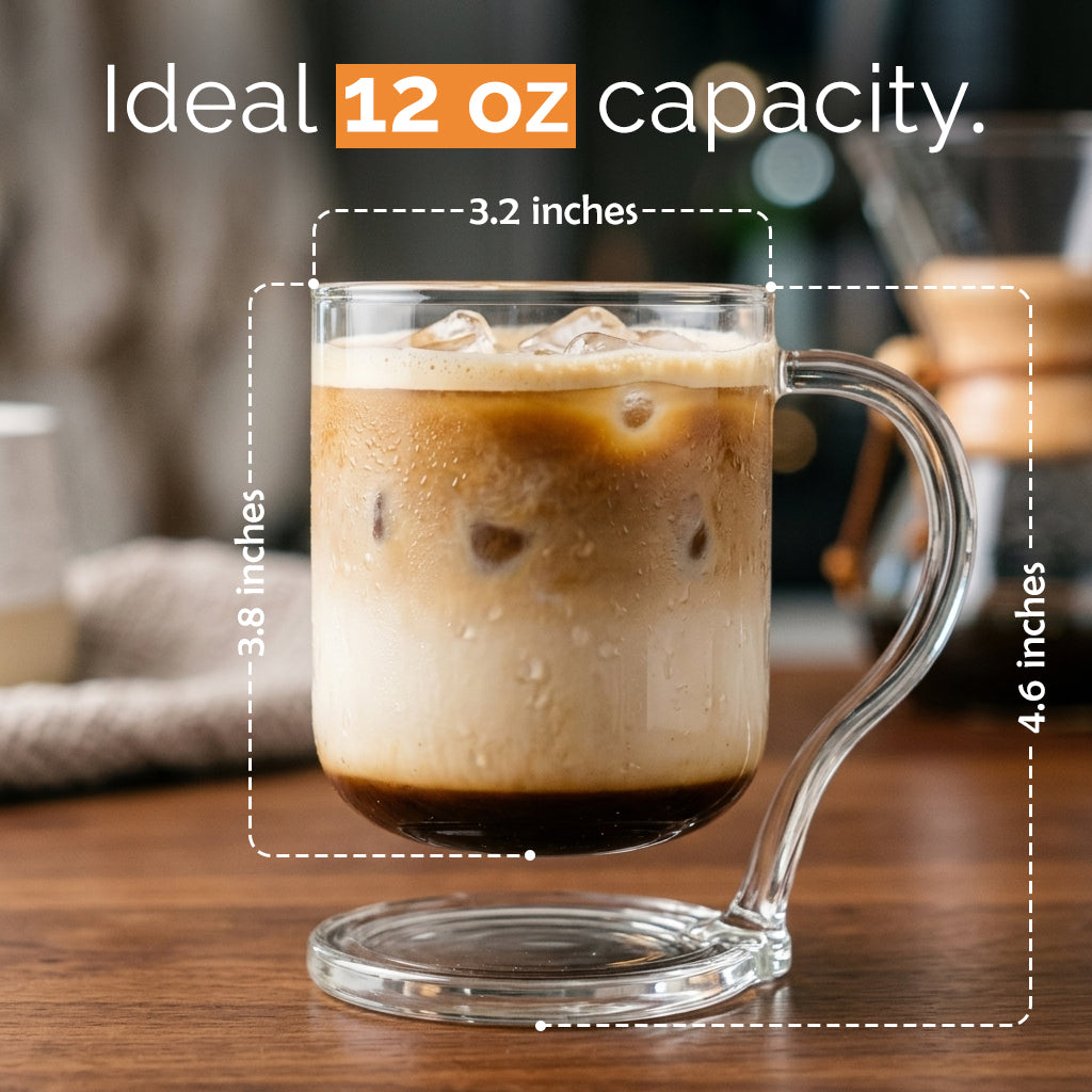 VIBLIVA - Floating Glass Coffee Mug, Built-in Coaster, Borosilicate, 12 oz