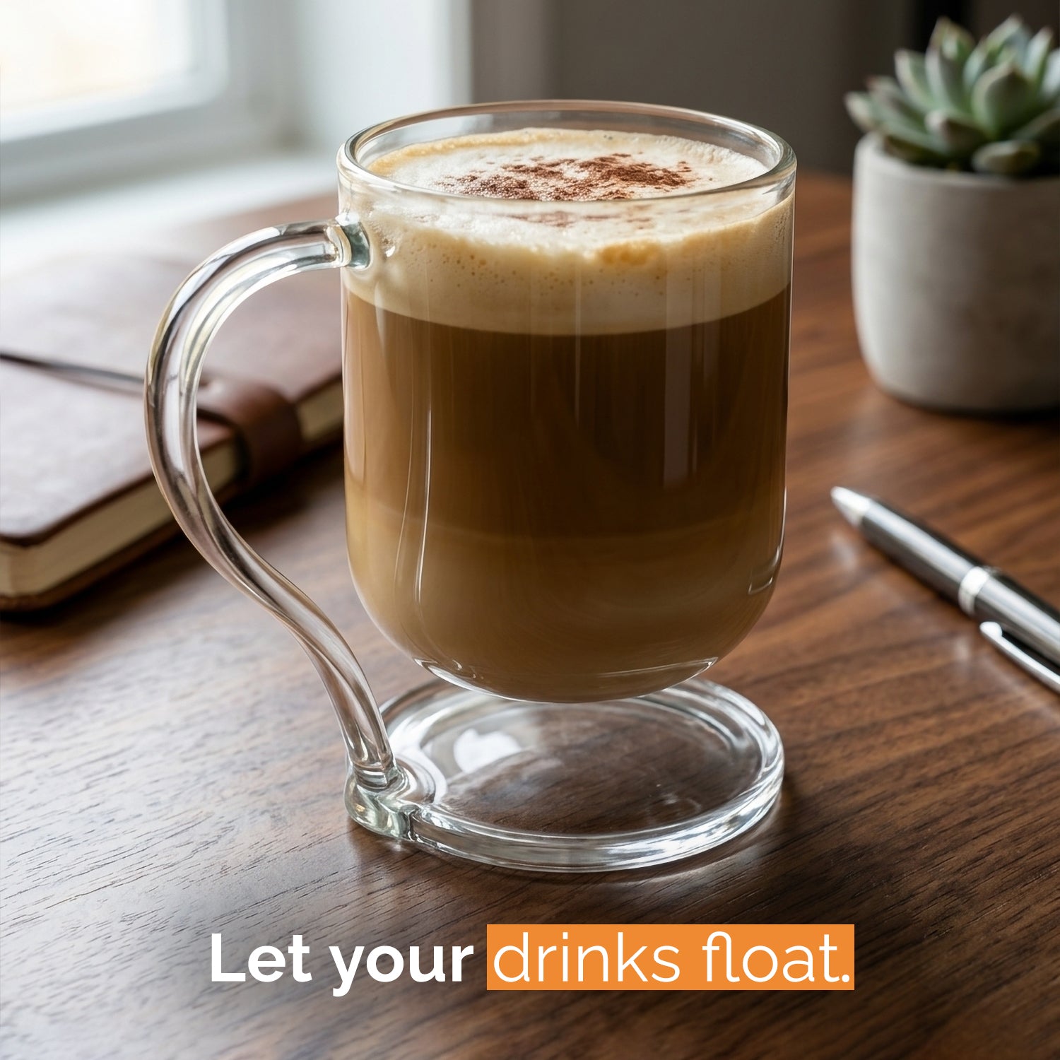 VIBLIVA - Floating Glass Coffee Mug, Built-in Coaster, Borosilicate, 12 oz