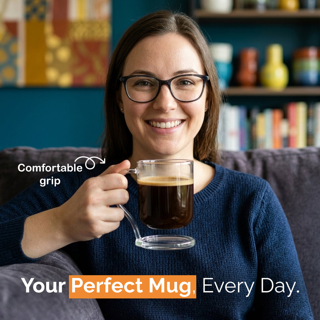 VIBLIVA - Floating Glass Coffee Mug, Built-in Coaster, Borosilicate, 12 oz