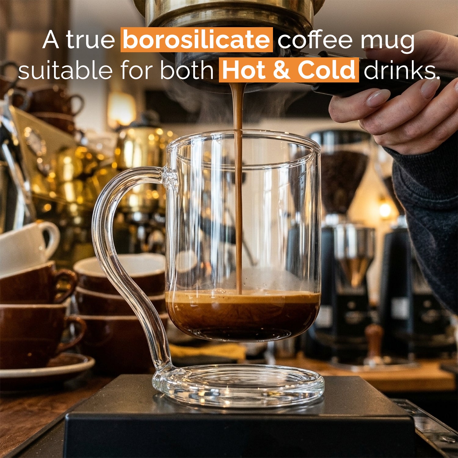 VIBLIVA - Floating Glass Coffee Mug, Built-in Coaster, Borosilicate, 12 oz